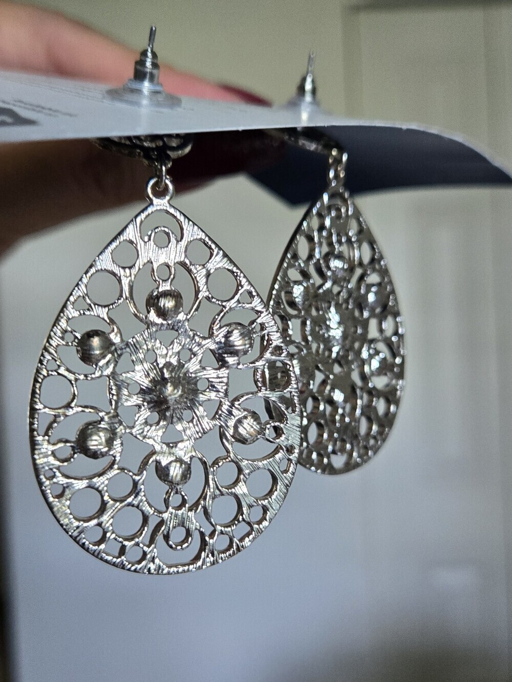 Silver Filigree Teardrop Dangle Earrings with Sparkle - Picture 16 of 16